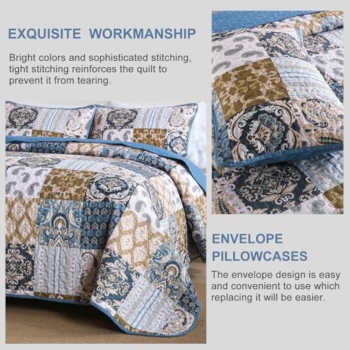 Boho Quilt Set Size Patchwork Plaid Bedspread Bedding Sets Paisley Queen Blue