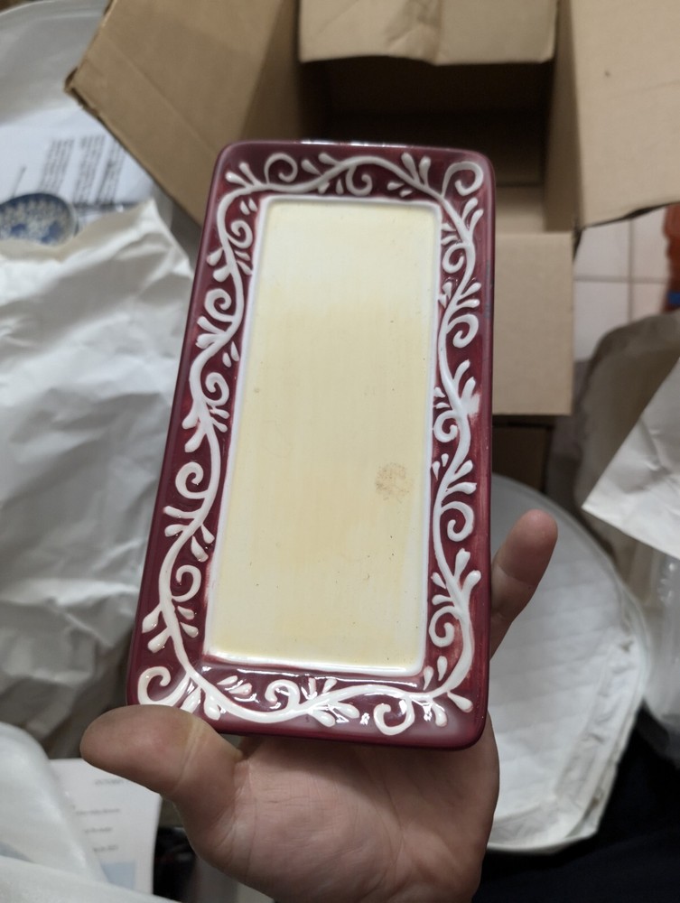 California Pantry Rectangular Stoneware Tray / Server, Scrolled Crimson Border