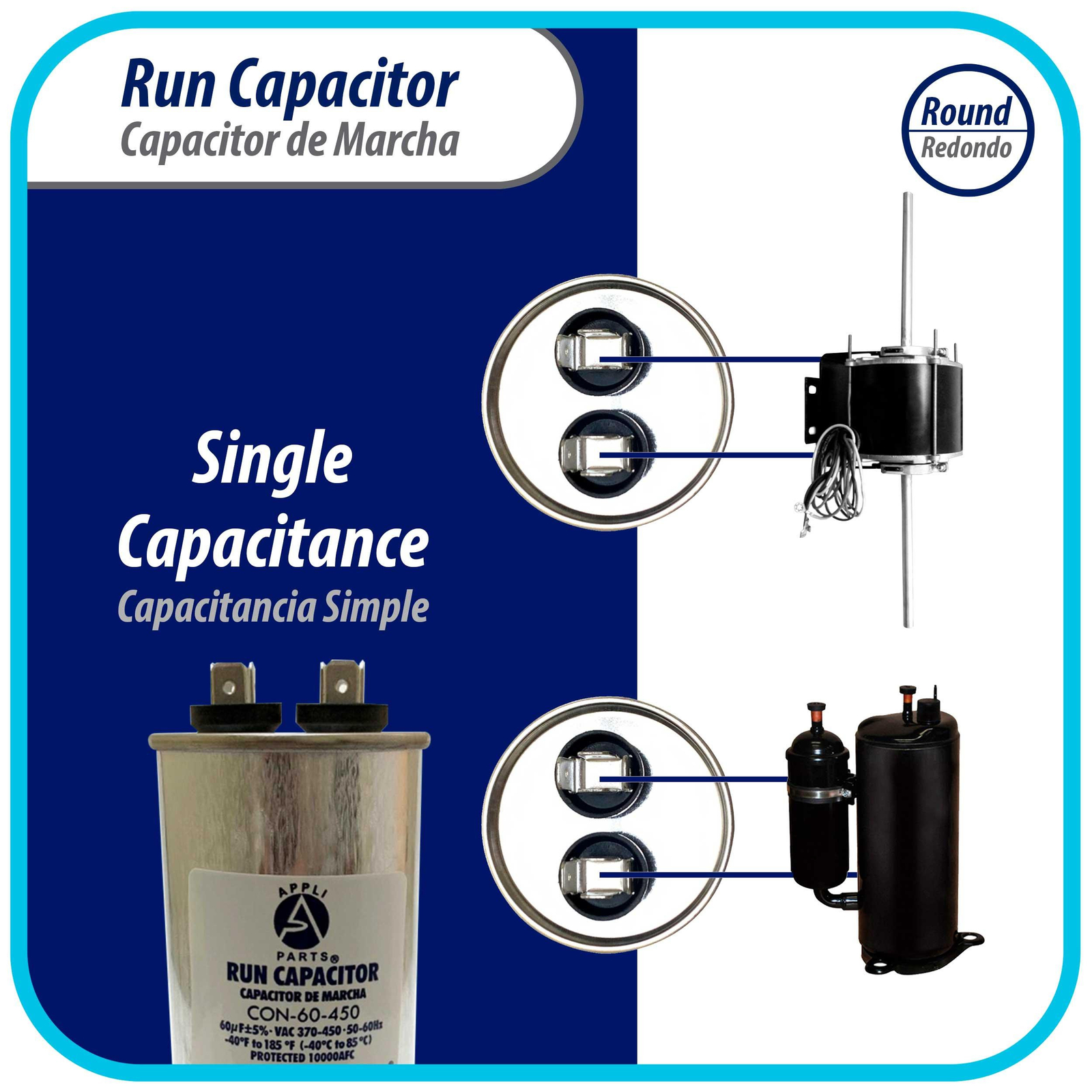 Appli Parts Run Capacitor for ac 60 Mfd uF (microfarads) 370 VAC or 450 VAC CBB6