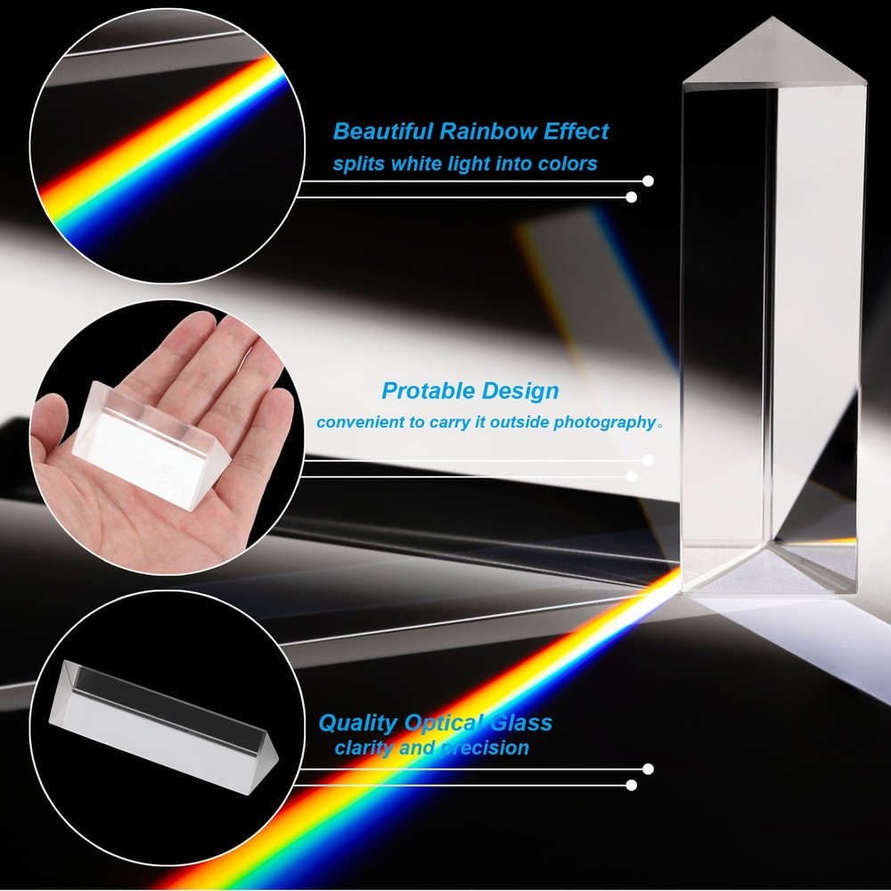 1"/2"/4" Triangular Prism Set, 3 Pcs Glass Optical Crystal Rainbow Prism, Clear