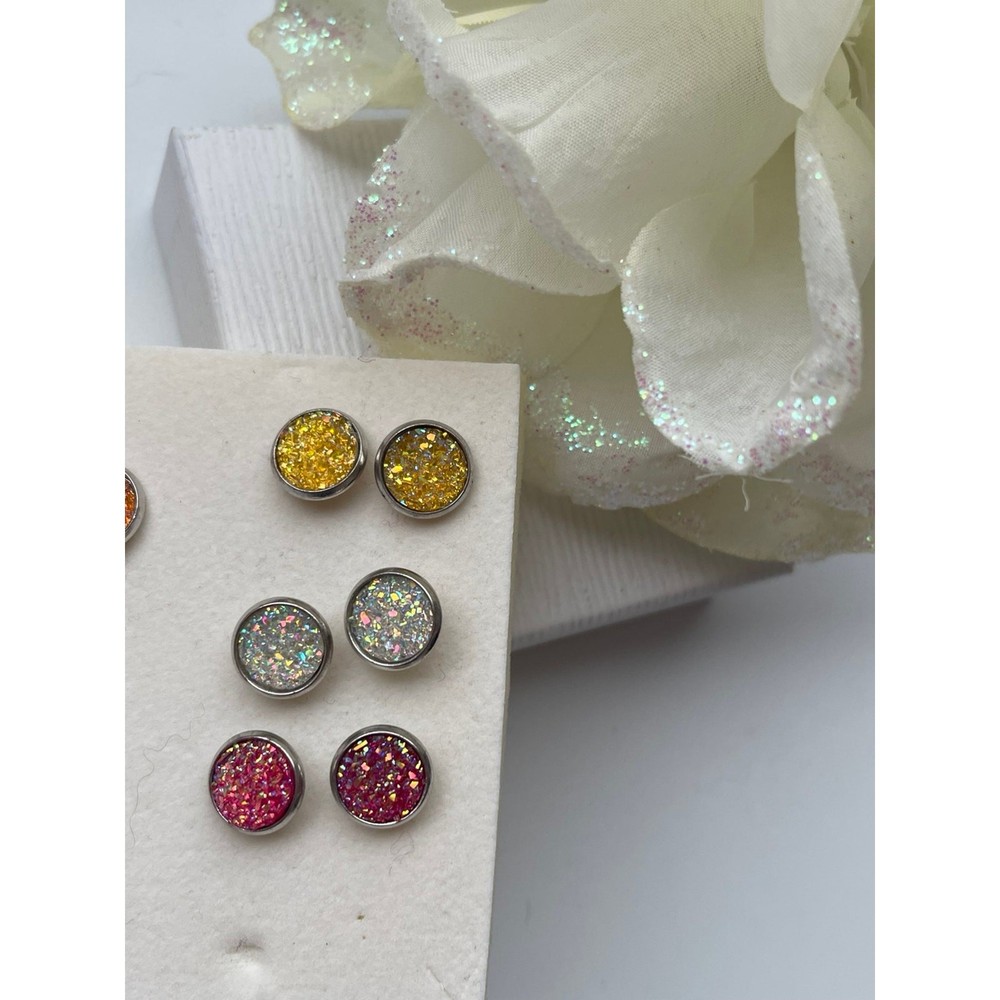 Glittery Studs 5 Pairs Round Earrings Multicolor