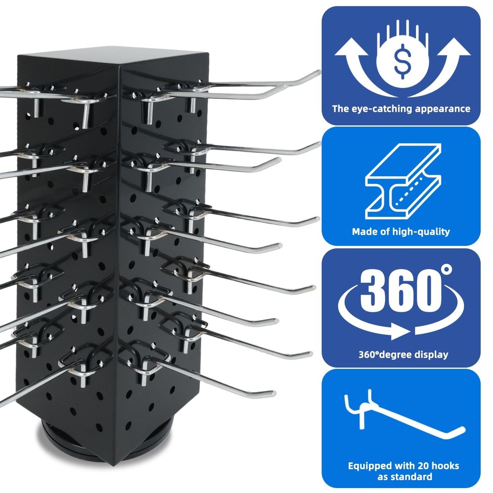 Rotating Pegboard Stand with 20 Peg Hooks 4-Sided Pegboard Spinning Display S...