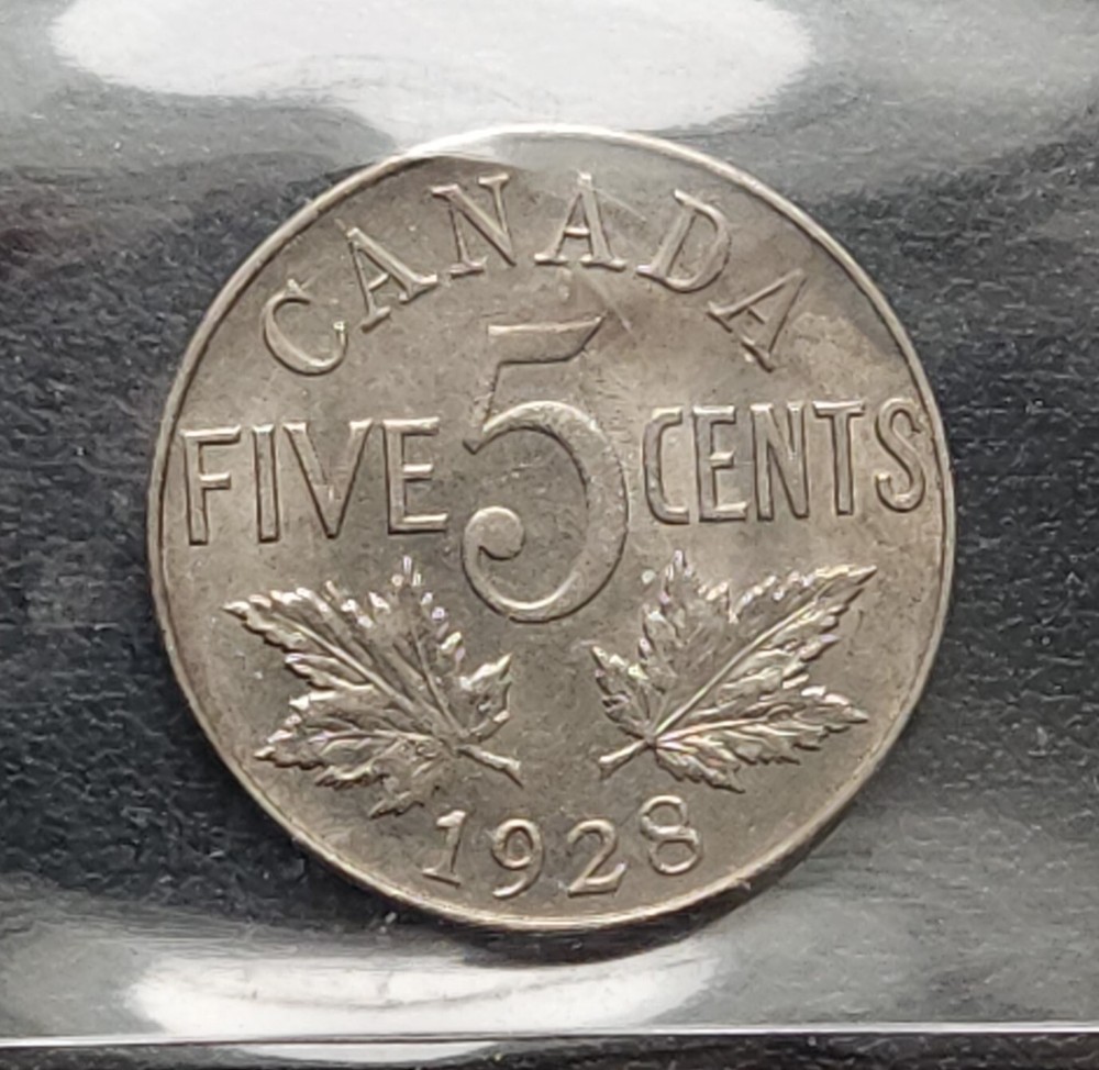 1928 Canada 5-Cent Nickel ***ICCS Graded AU-55*** Sharp Details