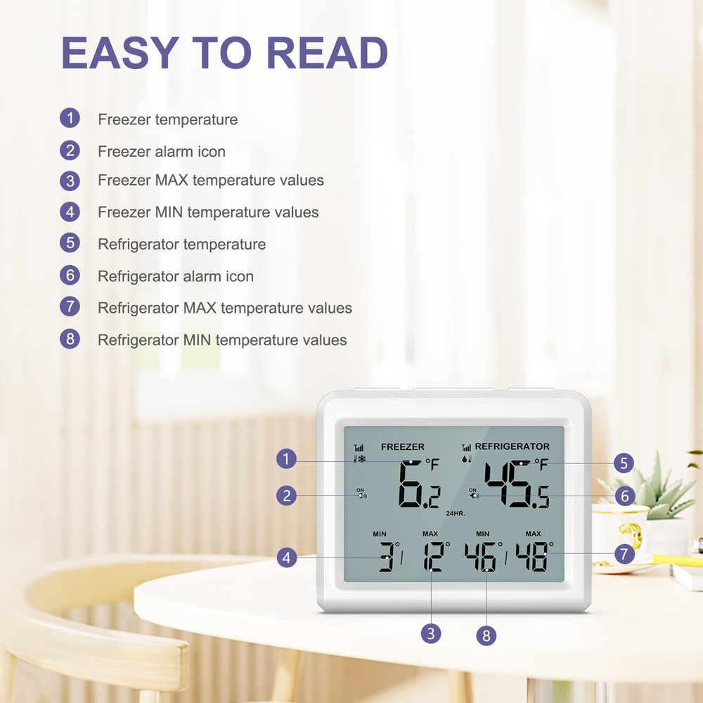 Digital Refrigerator Thermometer - 3.7 inch LCD Backlight Freezer Thermometer...