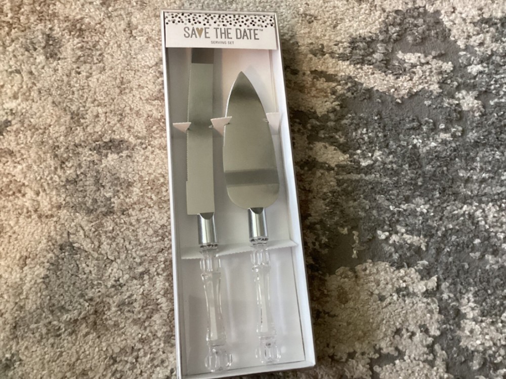 Silver Clear Cake knife Server Set Clear Handles (Save the Date )