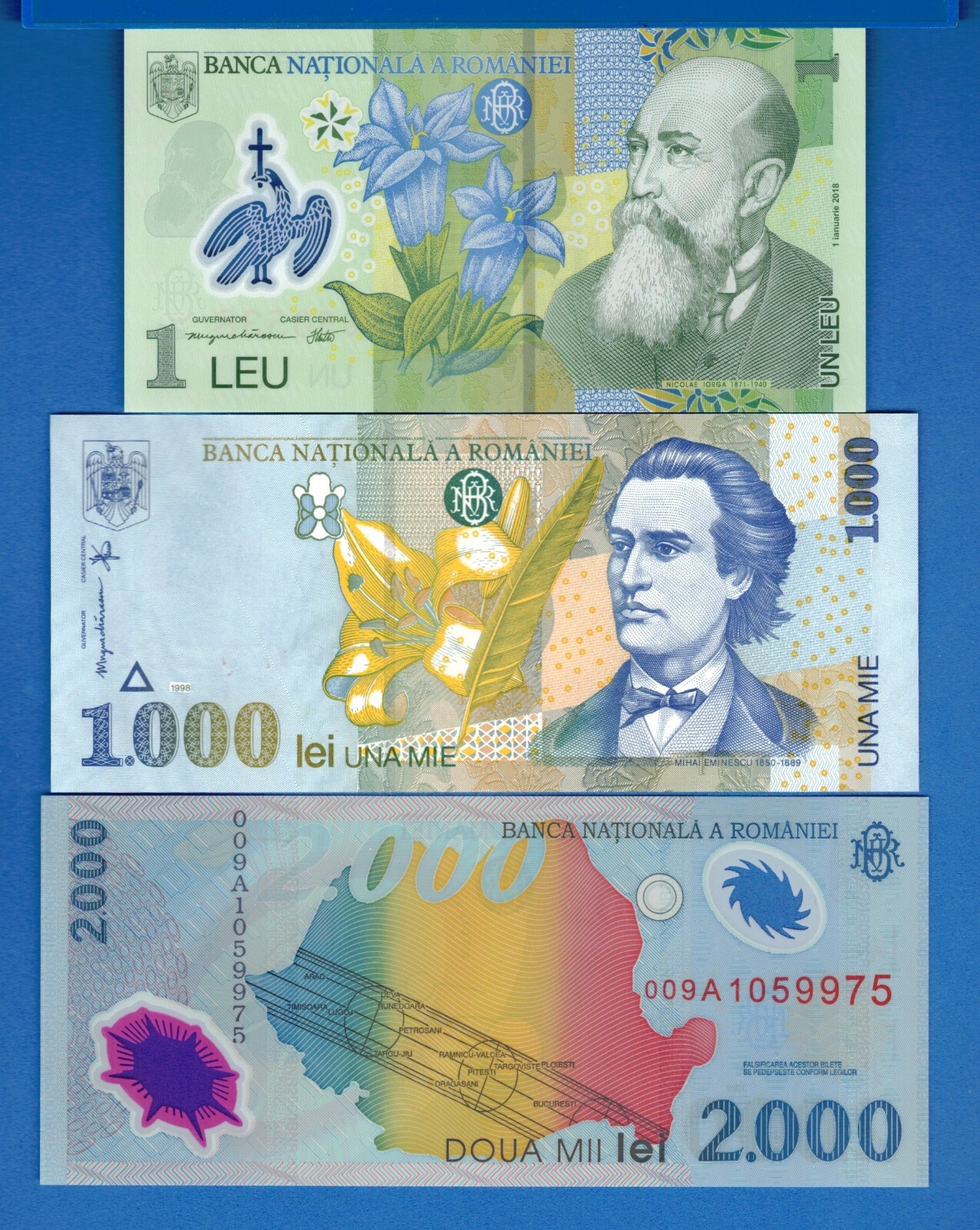 Romania 1 1000 2000 Leu Lei Years 1998-2019 Uncirculated Banknotes Set # 1