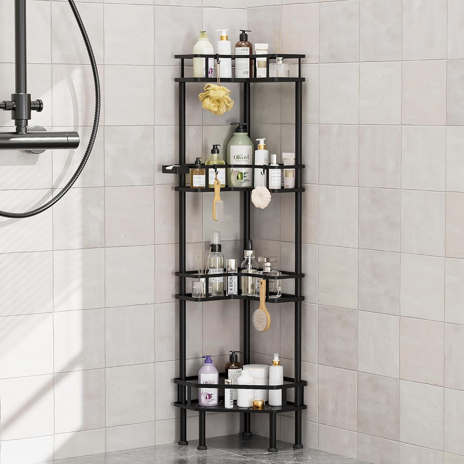 4 Tier Stainless Steel Tall Corner Shower Organizer, No Drilling Shelves