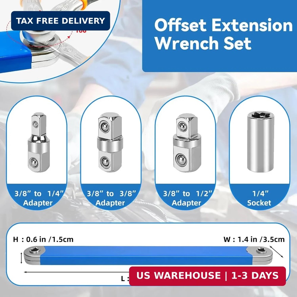15 Inch Offset Extension Wrench, Impact Ready Socket Wrench Extender Tool Set wi