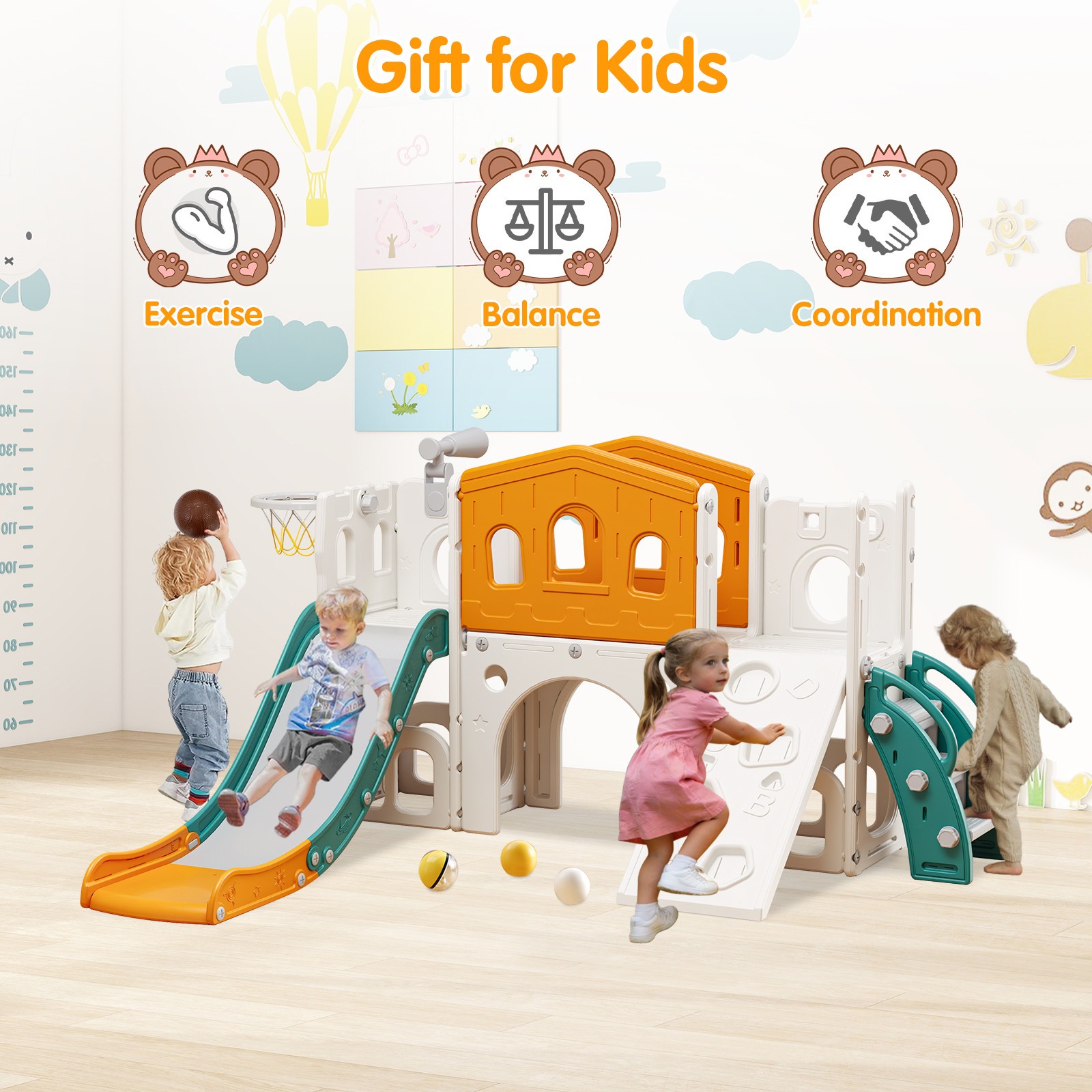 9 in 1 Toddler Slide Set with Rock Wall, Slide for Kids 1-3, Indoor & Outdoor