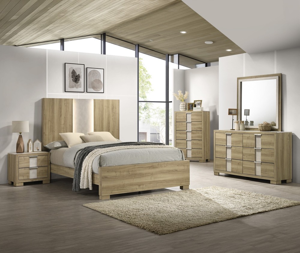 5Pc Contemporary Driftwood Finish King Integrated LED Light Panel Bed Set