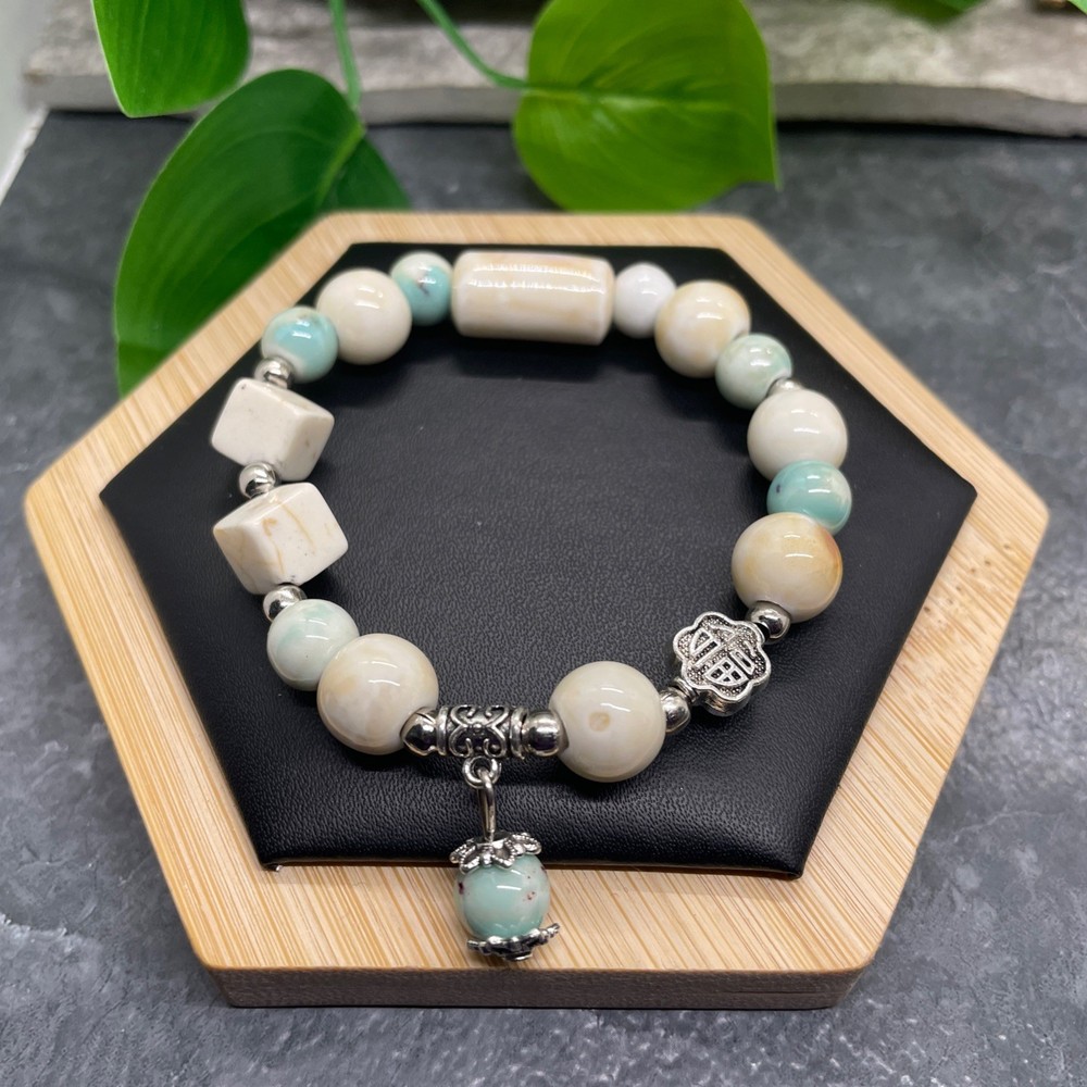 Handmade Ceramic Bead Beaded Stackable 6.5” Plus Stretch Bracelet New B405