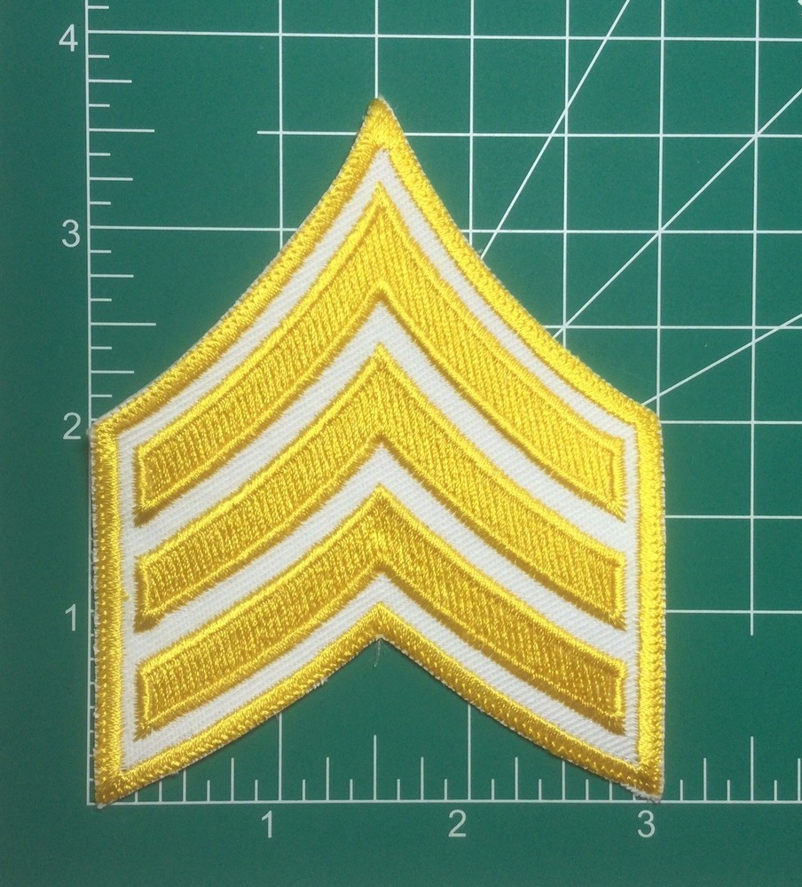 (2) Sergeant Chevron - 3 YELLOW Stripes on WHITE Patch (Yellow Border)