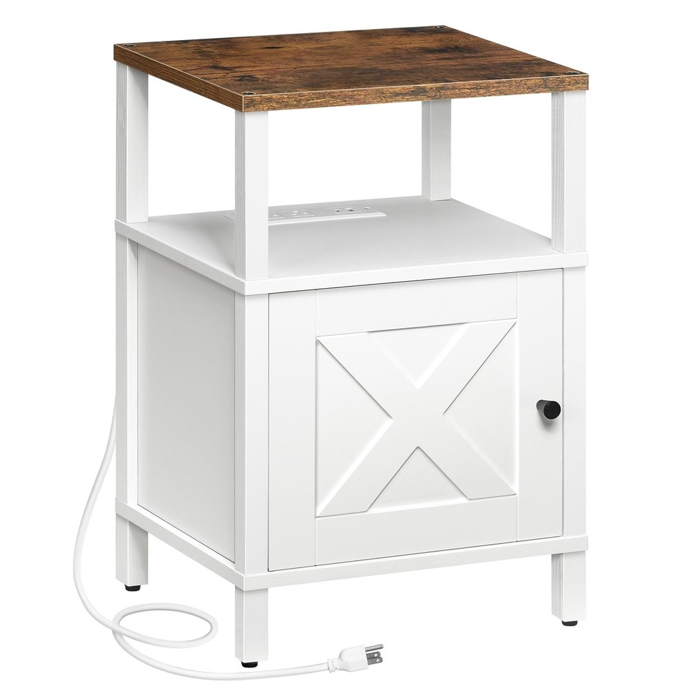 Nightstand Charging Station USB Type C Outlets Storage White Rustic Brown Table