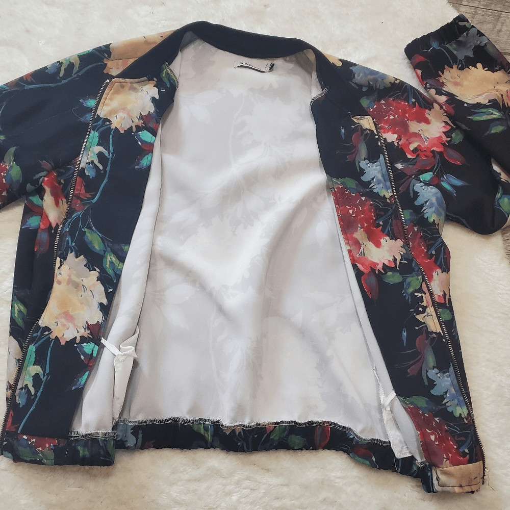 JustFab Black Floral Bomber Jacket, Size Large