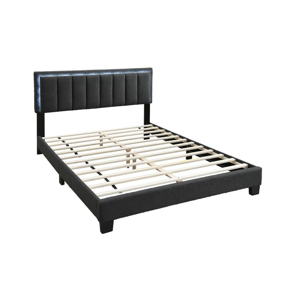 Zemo Queen Size Bed- LED Headboard- Charcoal Gray Wool Upholstery