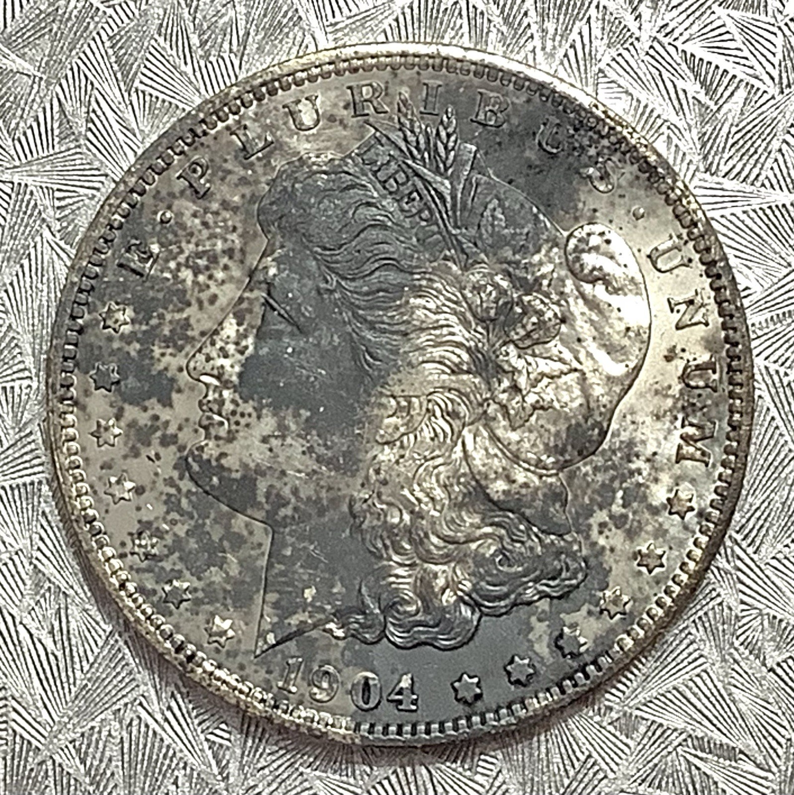 1904-O Morgan Silver Dollar Uncirculated Detail Environmental Damage Ugly Toning