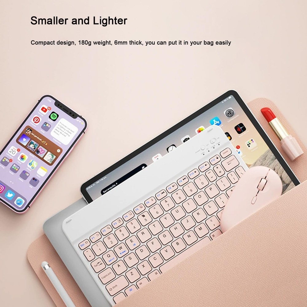 Bluetooth Keyboard and Mouse Combo for iPad, 10 inch Wireless Keyboard & Pink