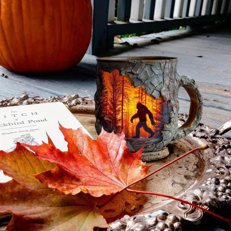 Rustic 3D Bark Coffee Mug - Sasquatch & Forest Fire Design