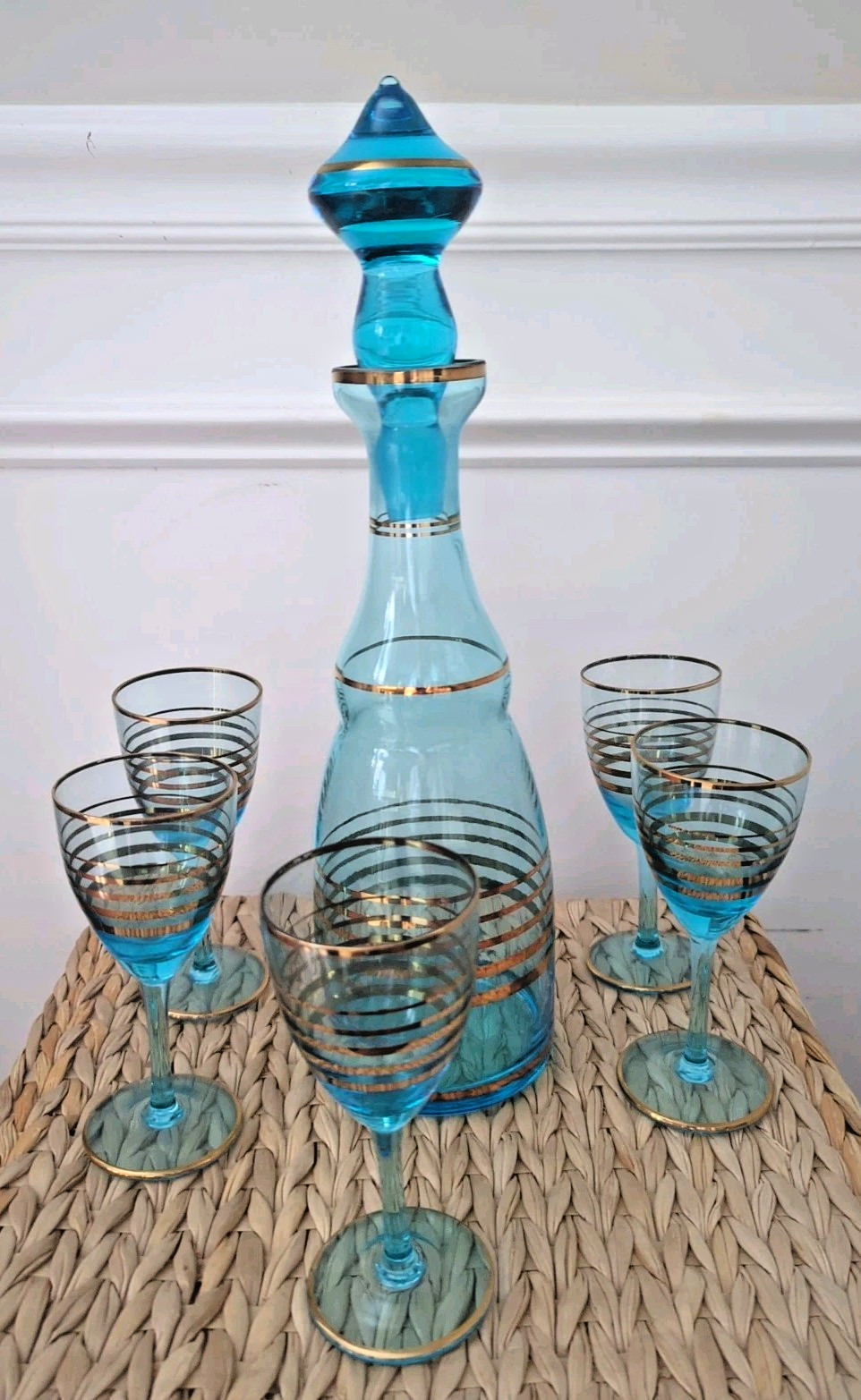MCM Vintage Teal Blue & Gold Romanian Glass Decanter 4 Cordial Glasses 7 pc Set