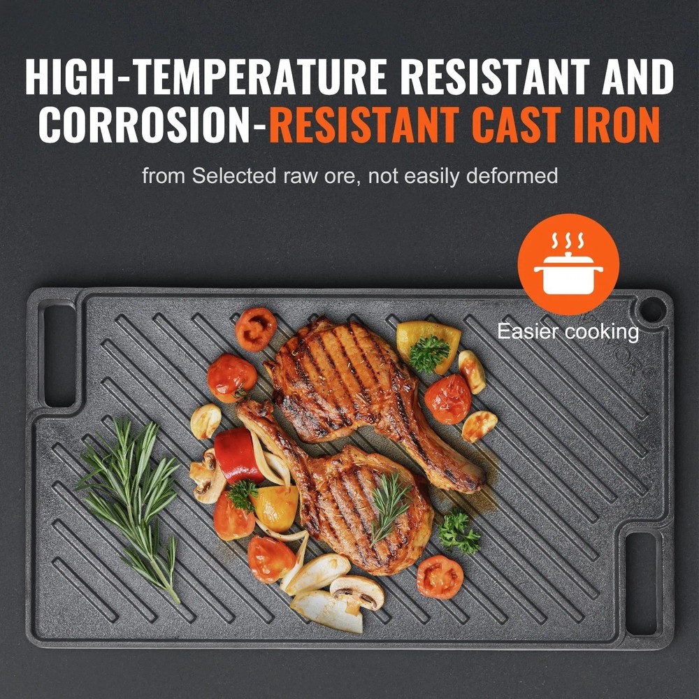 Reversible Grill/Griddle, 9.7"x16.7" Pre-Seasoned Cast Iron Griddle, Rectangular