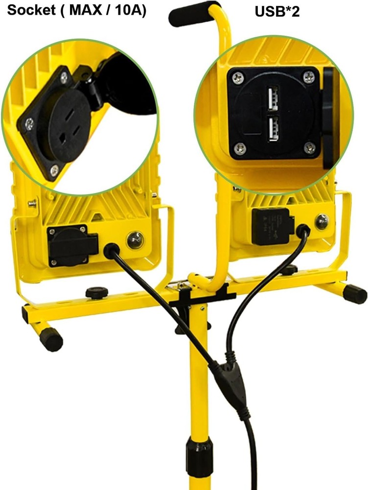 25000 Lumen Work Lights with Stand, Dual Head LED Work Light with USB & Socket,