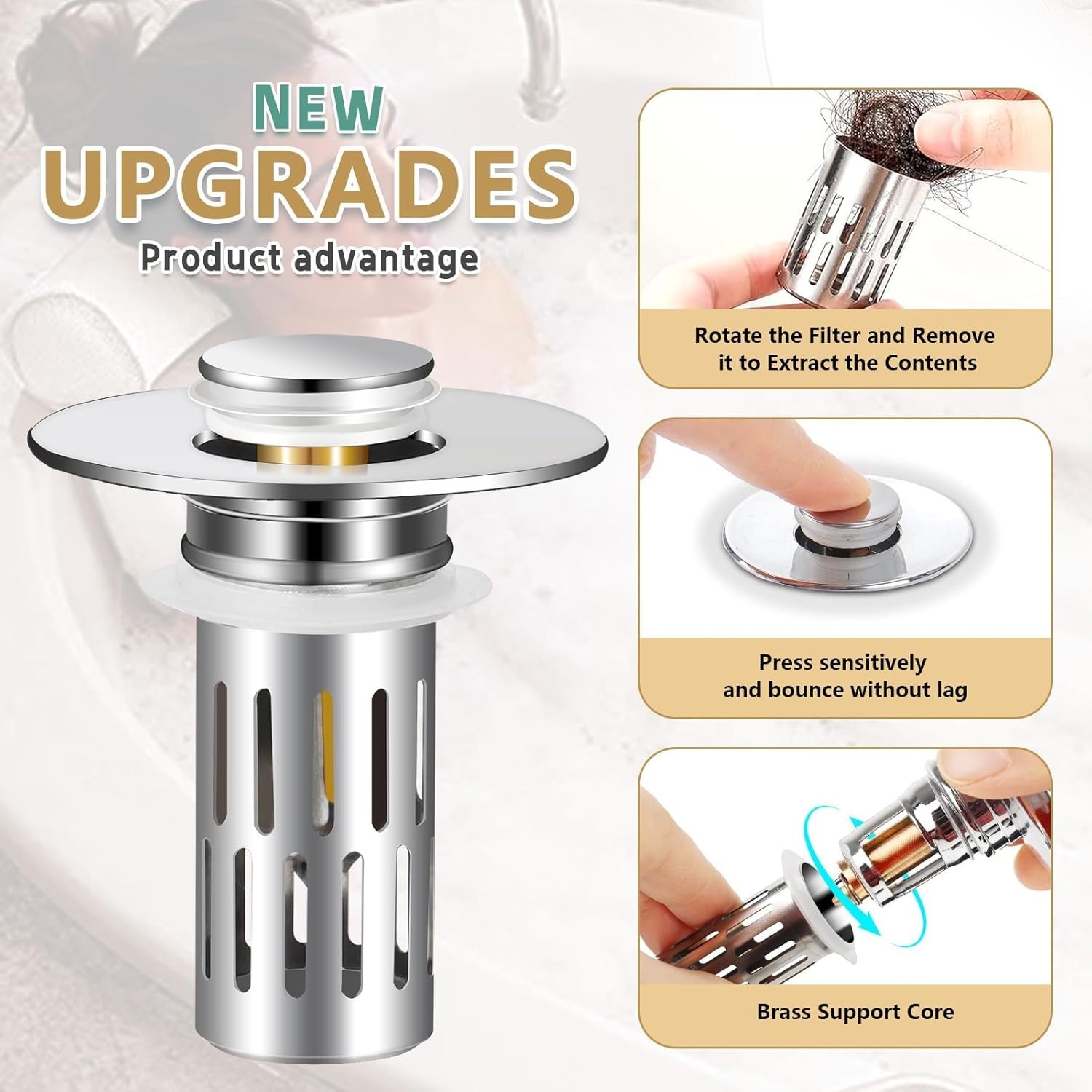 3-in-1 Bathroom Sink Plug - Rebound Pop-Up Drain Filter & Washbasin Core