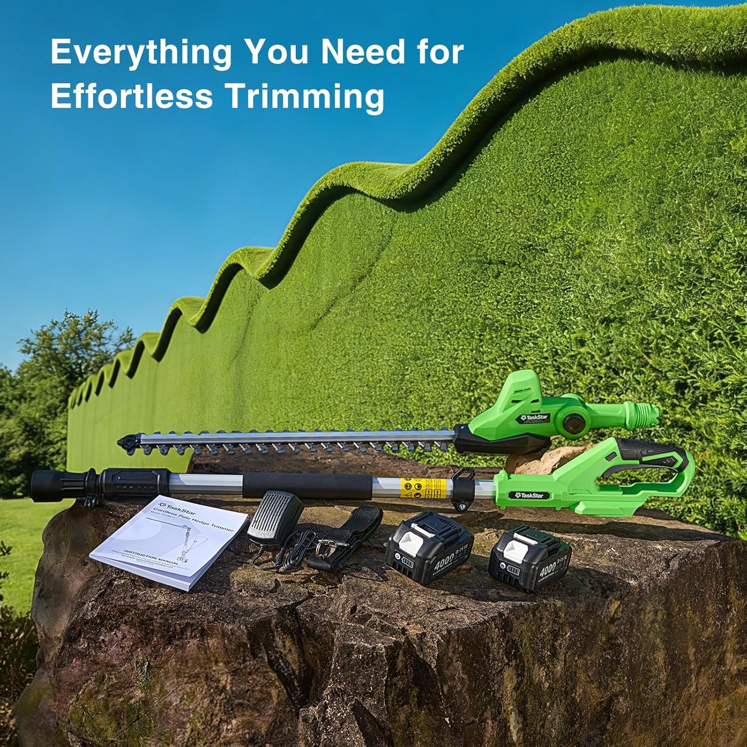 Taskstar Cordless Pole Hedge Trimmer 20" 8FT Pole 2x4000mah Dual-Action Blade
