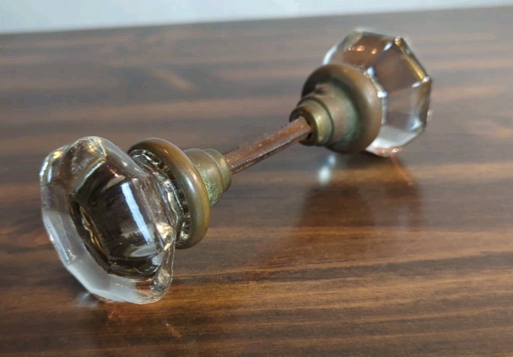 8 Point Crystal Glass Door Knob Set W/ Brass Hardware Spindle Art Deco Antique