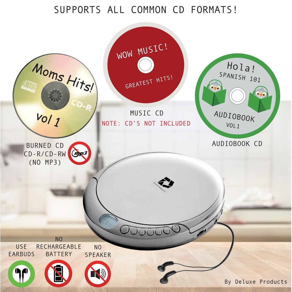Portable CD Player with Anti-Skip, Stereo Earbuds, Aux & USB Cable, Silver