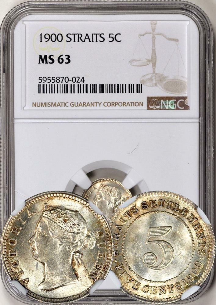 Straits Settlements (Malaysia) 1900 5 Cents NGC MS-63. Luster!