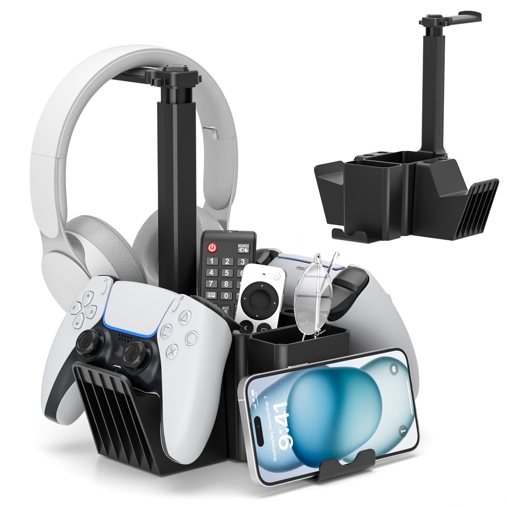 Dual Controller Holder with Headphone Stand - Multi-Functional Desk Storage Box