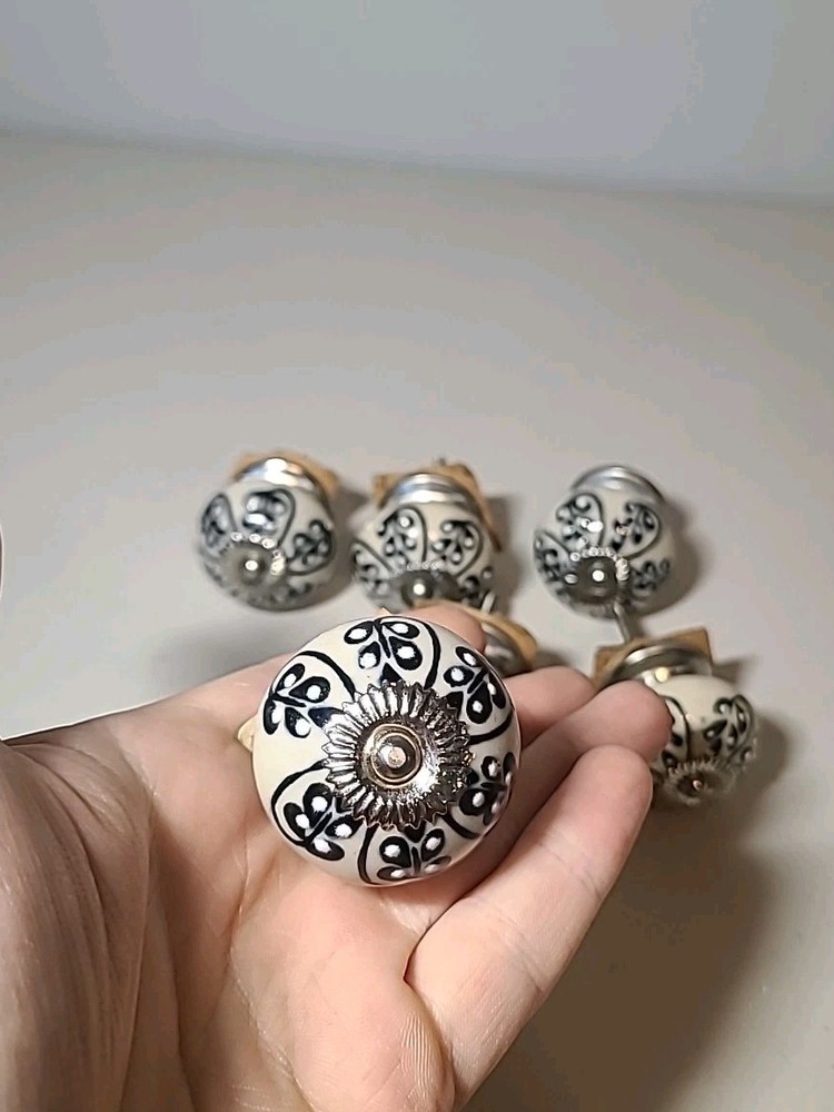 6 Antique Style Ceramic Hand Decorated Silver Tone Drawer Pulls Knobs Flowers