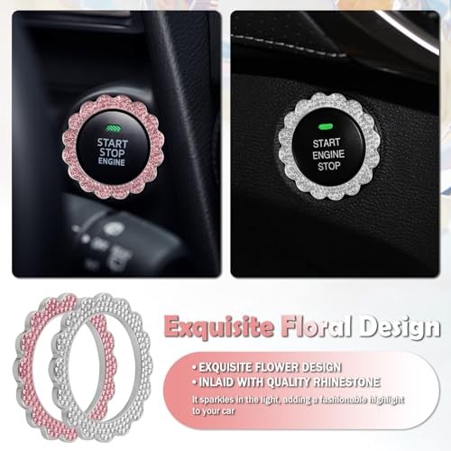 2026 New Flower Push Start Button Cover Ring,Bling Car Push Start Button White