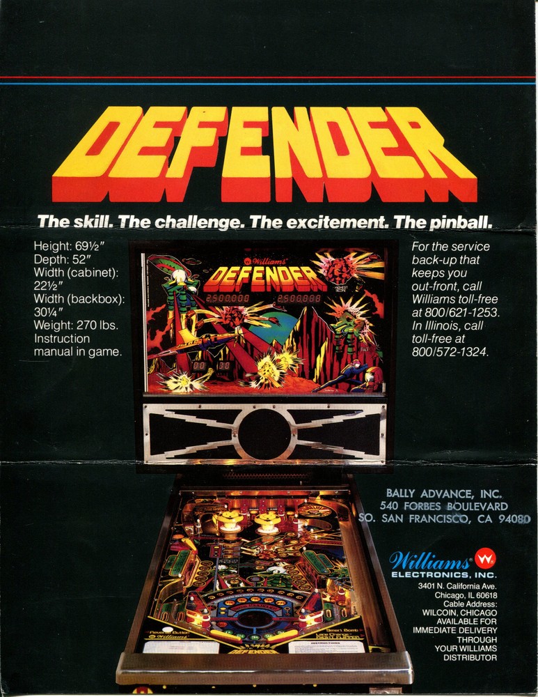 Defender Williams Pinball Flyer / Brochure/ Ad