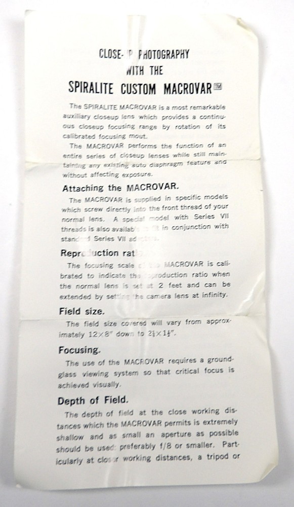 SPIRALITE MACROVAR LENSE WITH CASE, CAP, ADAPTOR, INSTRUCTIONS