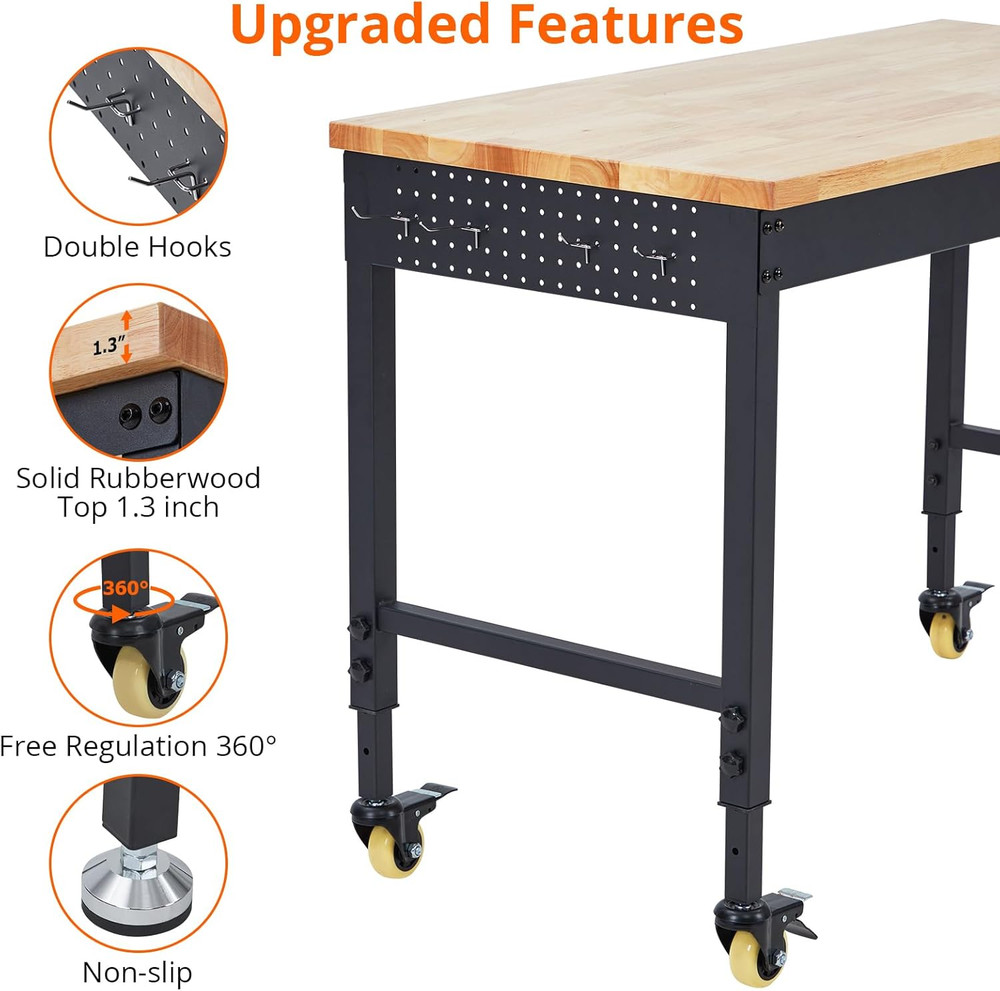 48" Workbench for Garage Workbench, Rubber Wood Top Heavy-Duty Worktable Adjusta