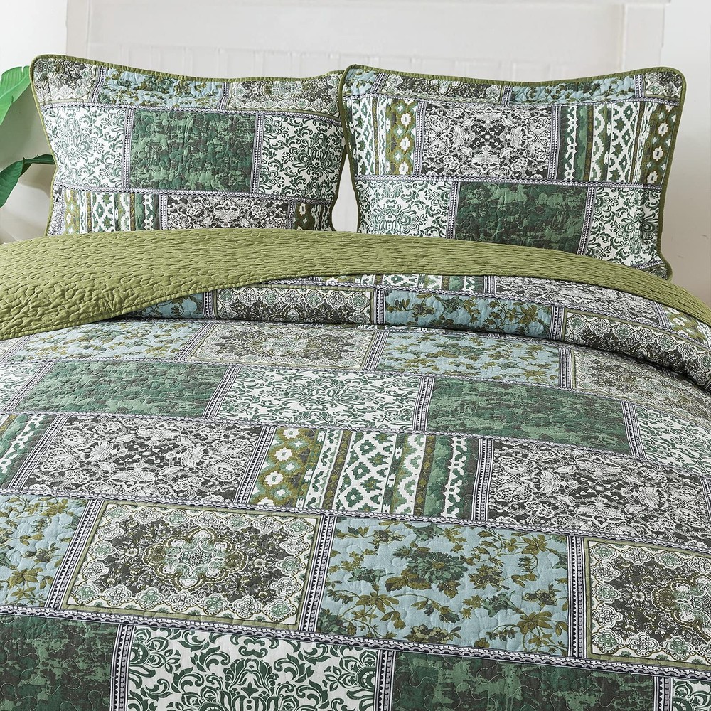 NEWLAKE Cotton Bedspread Quilt Sets-Reversible Patchwork Coverlet Set, Green ...