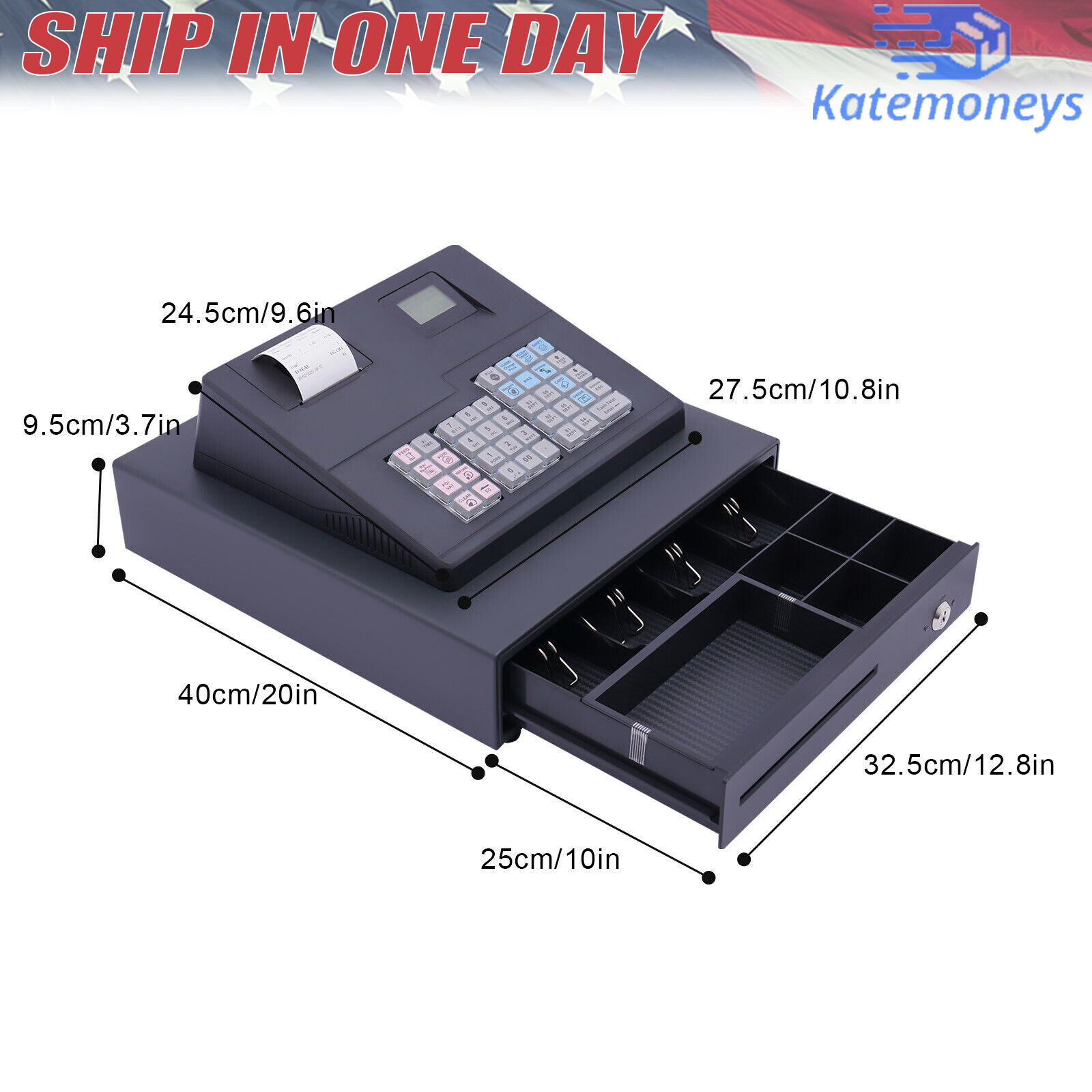 38 Keys Electronic Cash Register Black Thermal Cash Register with Cash Drawer