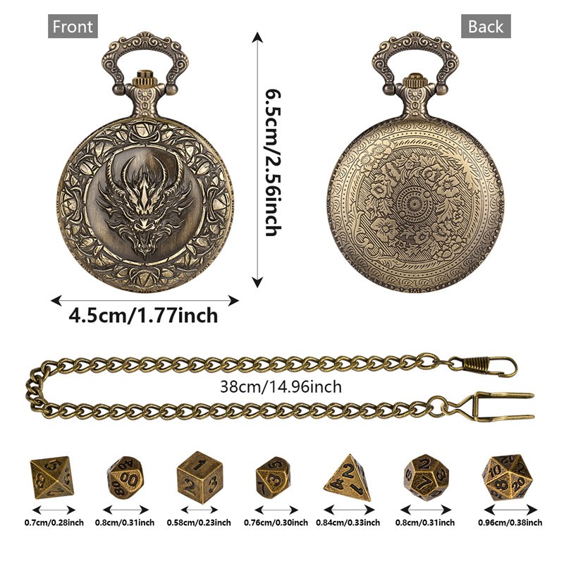 7pcs Solid Metal Polyhedral DND Dice D4-D20 in Dragon Engraved Pocket Watch Case