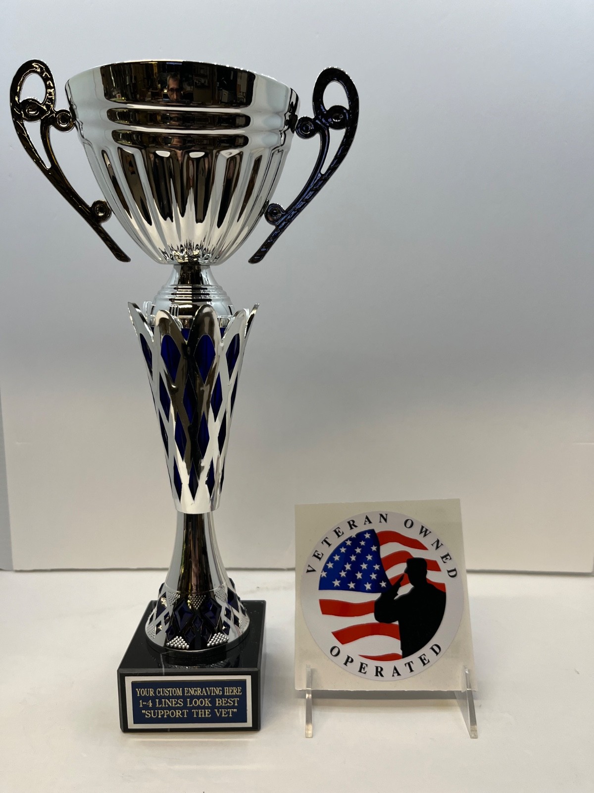 Silver Metal Trophy Cup 14.5" Custom Engraving  Blue Diamond  "Support the Vet"