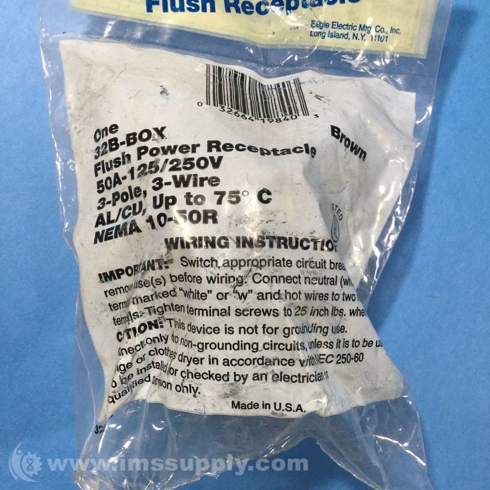 Eagle Electric 32B-BOX 50A Flush Range Receptacle FNFP