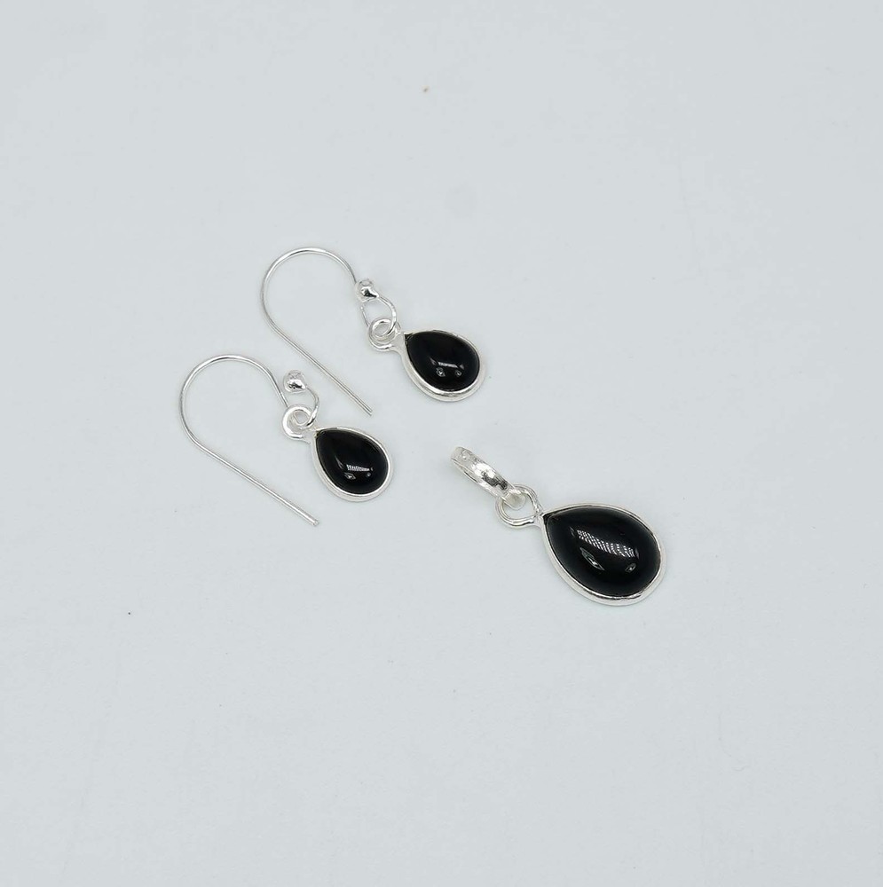 925 Solid Sterling Silver Black Onyx Hook Earring Pendant Set