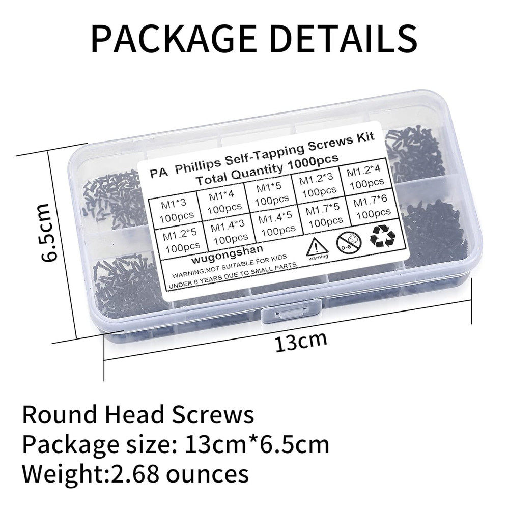 1000 Pcs Small Pan Head Screws Assortment Kit, Micro Tiny Electronic Self-Tappin