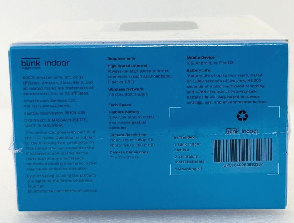 Blink Indoor Add-on Security Camera (Sync Module Required) BCM00410U, NEW