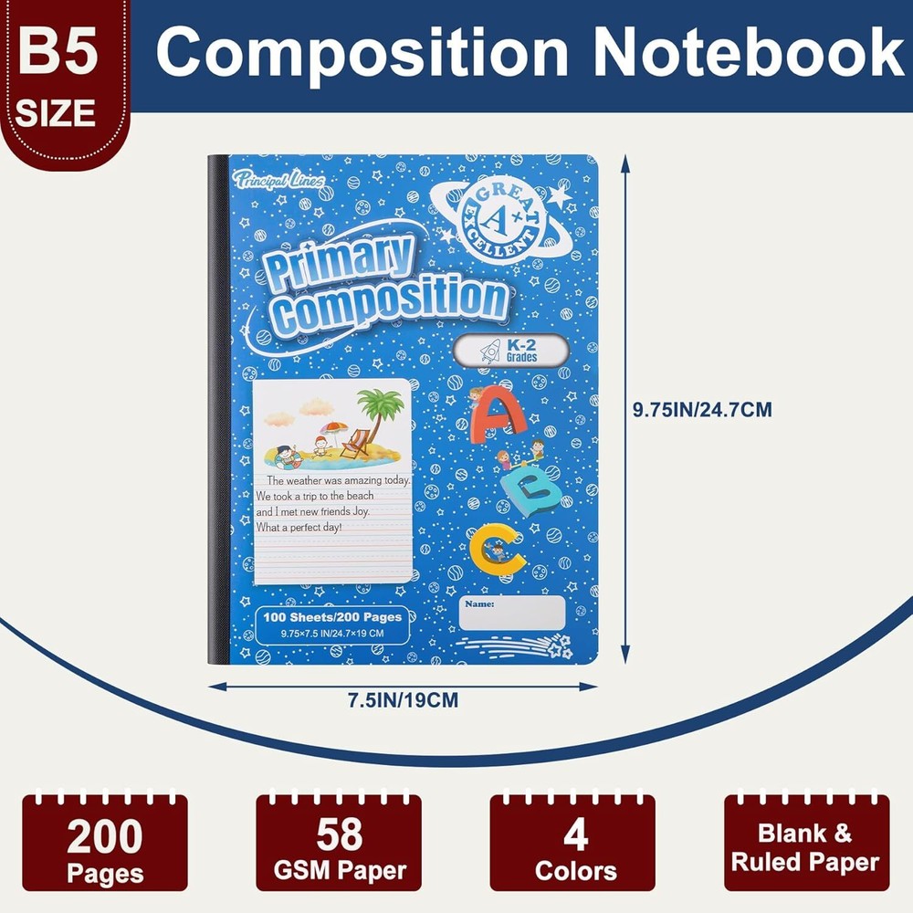 48PCS Primary Composition Notebook K-2 Grades Writing Workbook Spiral Paper Book