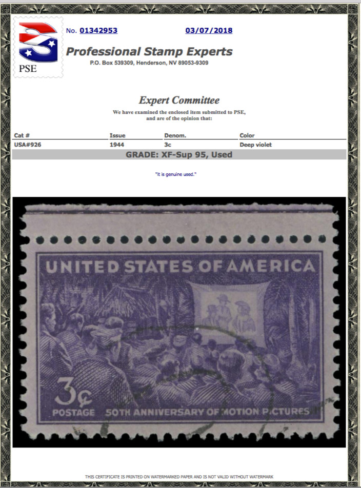 #926 Used, PSE Graded 95, Cert # 01342953