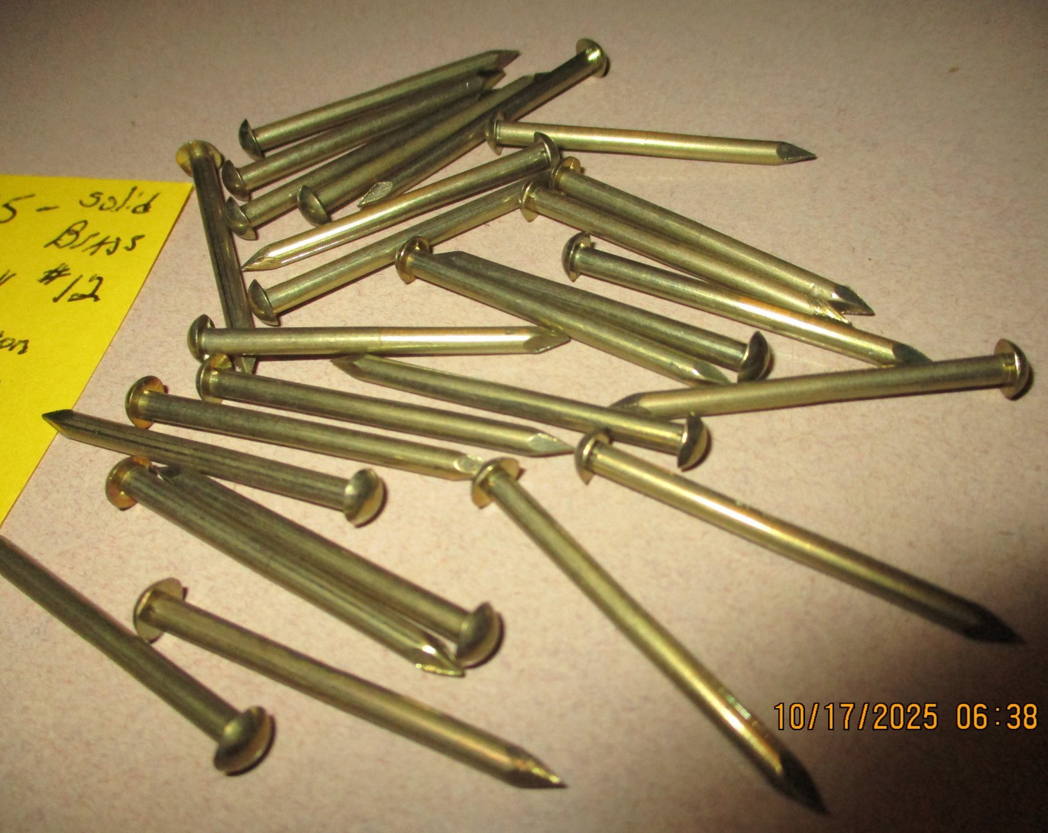25-NICE VINTAGE, 1 1/2" X #12 SOLID BRASS ESCUTCHEON PINS NAILS, ROUND DOME HEAD