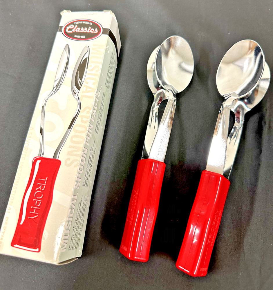 Trophy Classics Musical Spoons, PAIR, 2 Sets, Red & Chrome, #3470-MINT