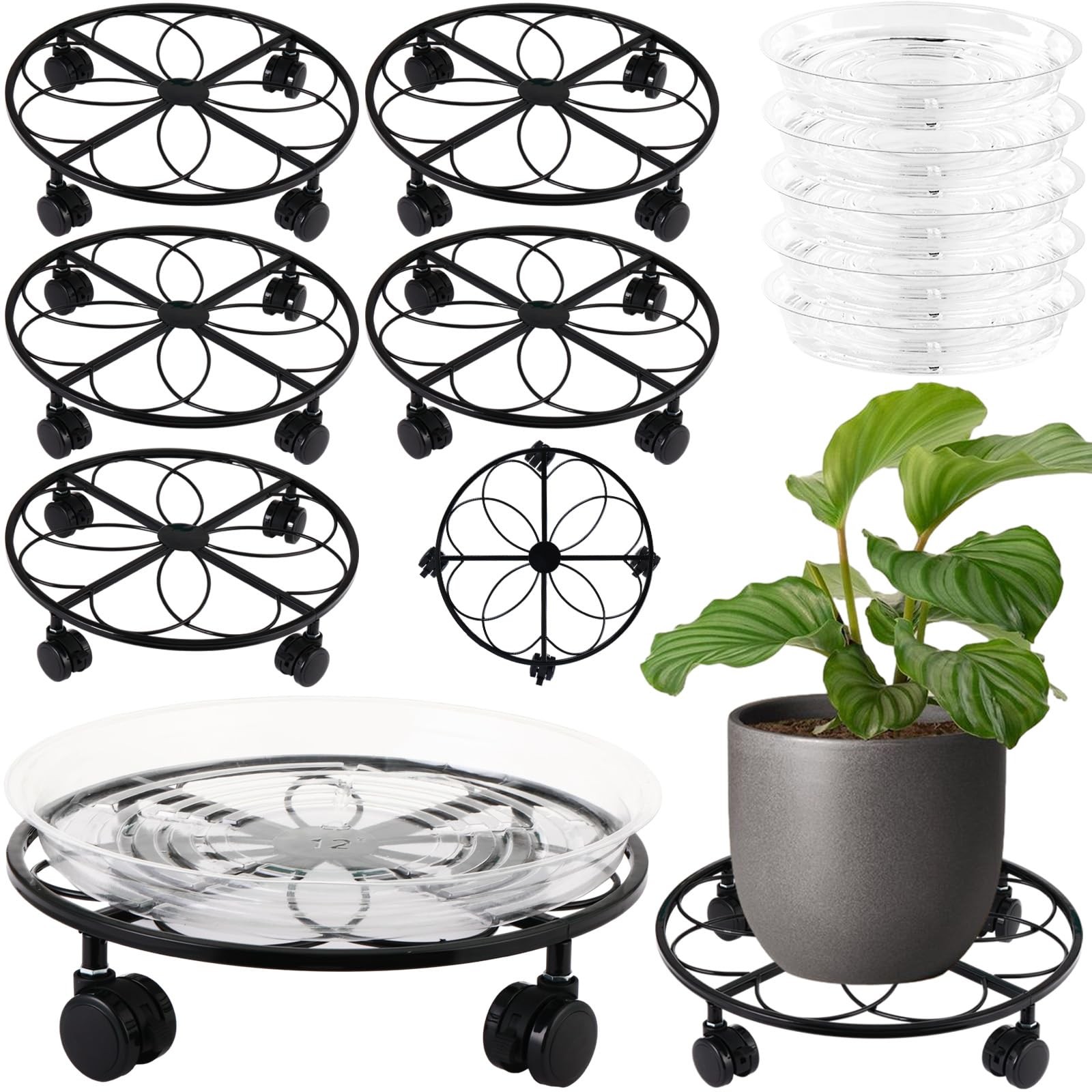 5 Packs 13.5 inches Metal Heart Plant Caddy with Wheels Large Rolling Plant S...