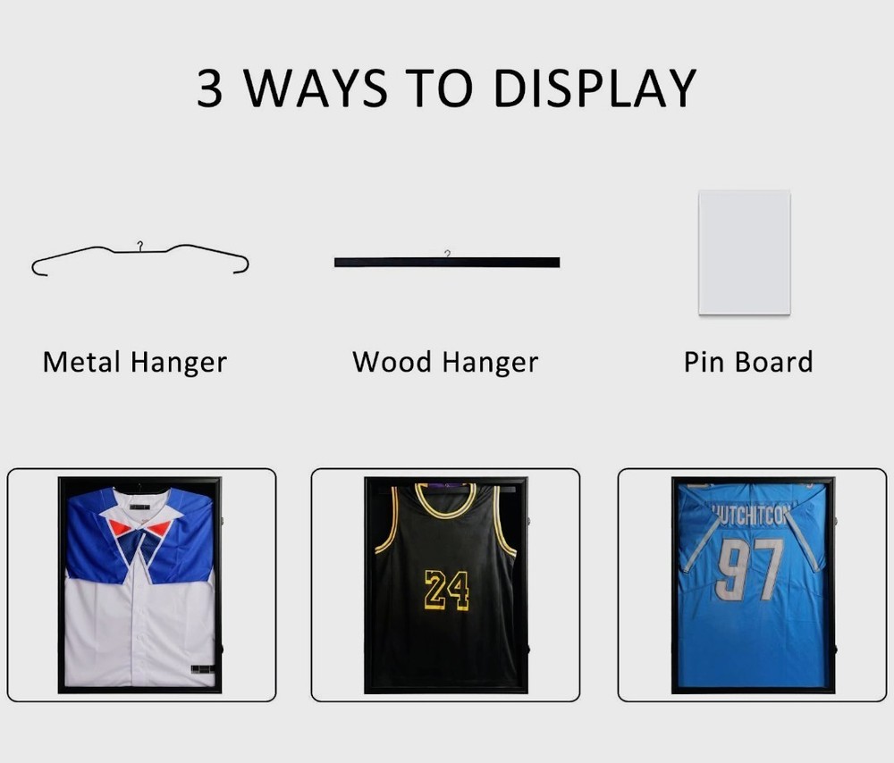 Black Jersey Display Case/Shadow box With 98%UV Protection Lockable. Hanger,Hook